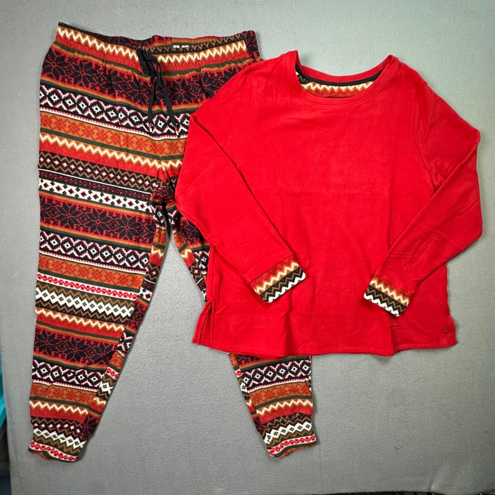 Cuddl Duds Fleece Pajama Set Fair Isle‎ Snowflake Red Winter Cozy Large NEW